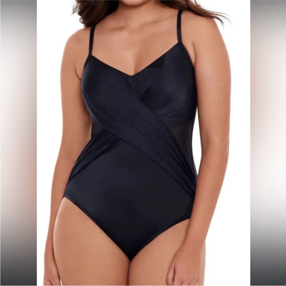 Miracle Brands Embrace Your Curves Cross Front One Piece Black Swimsuit Sz S